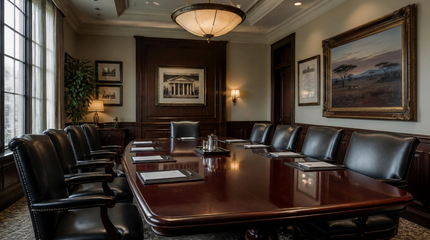 Classic law firm boardroom with mahogany table and an African landscape painting