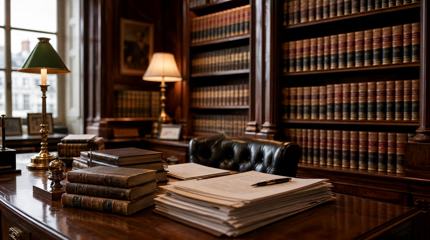 Traditional law library with leather-bound volumes